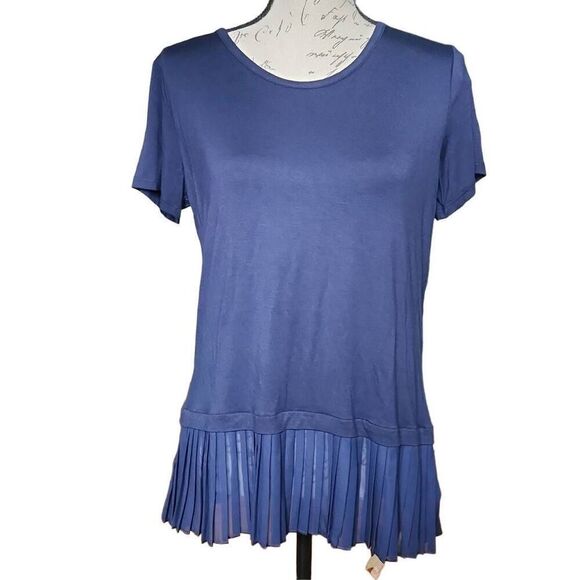 Cha Cha Vente Ladies SZ PL Navy Pleated Bottom Short Sleeve Blouse - Picture 1 of 6